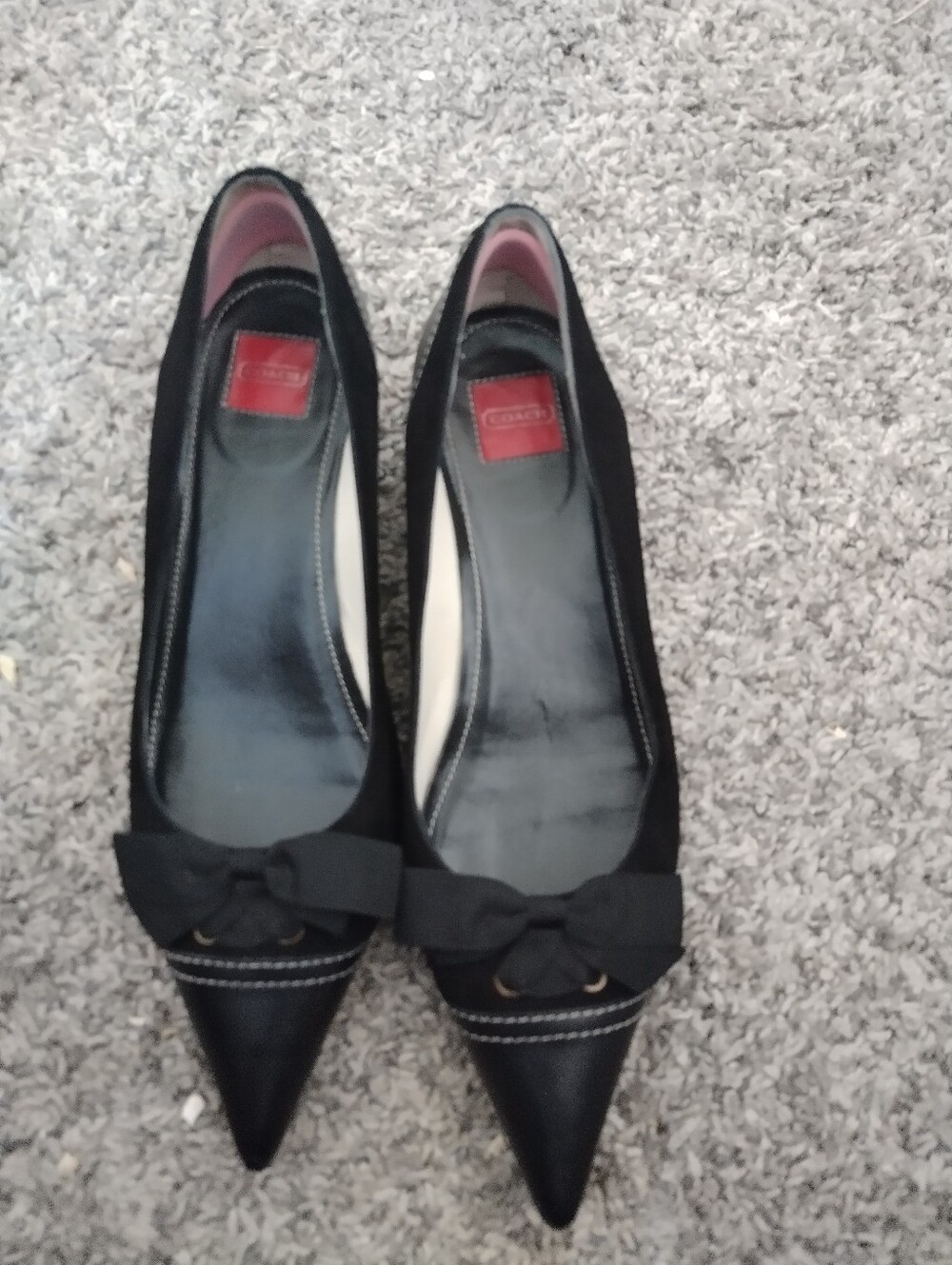 Coach Black Pointed Toe Bow Flats with Contrast Stitching
